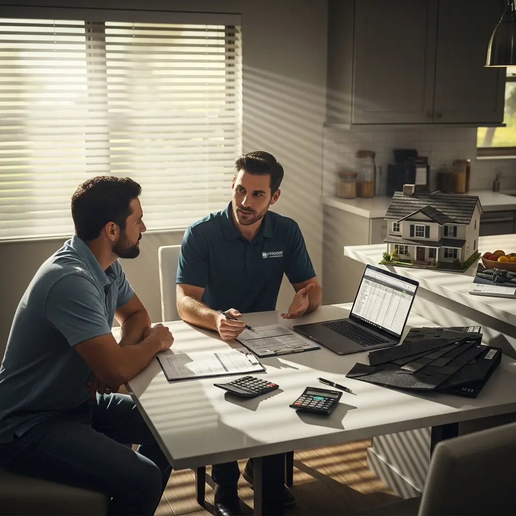 Estimator going through a written tile roof estimate line by line with a homeowner at a kitchen table