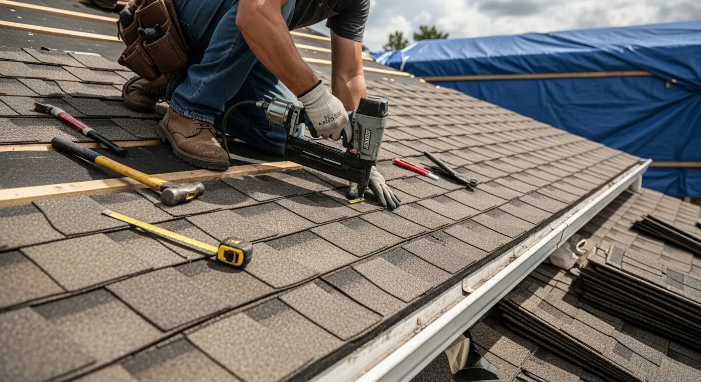 Roofer nailing architectural shingles during a storm repair with a blue emergency tarp visible on the next roof section