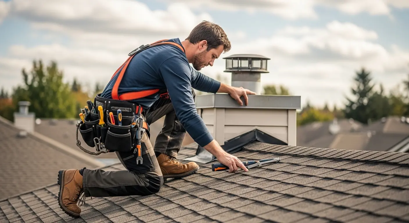 Metal counterflashing and step flashing where a chimney meets a South Florida roof slope