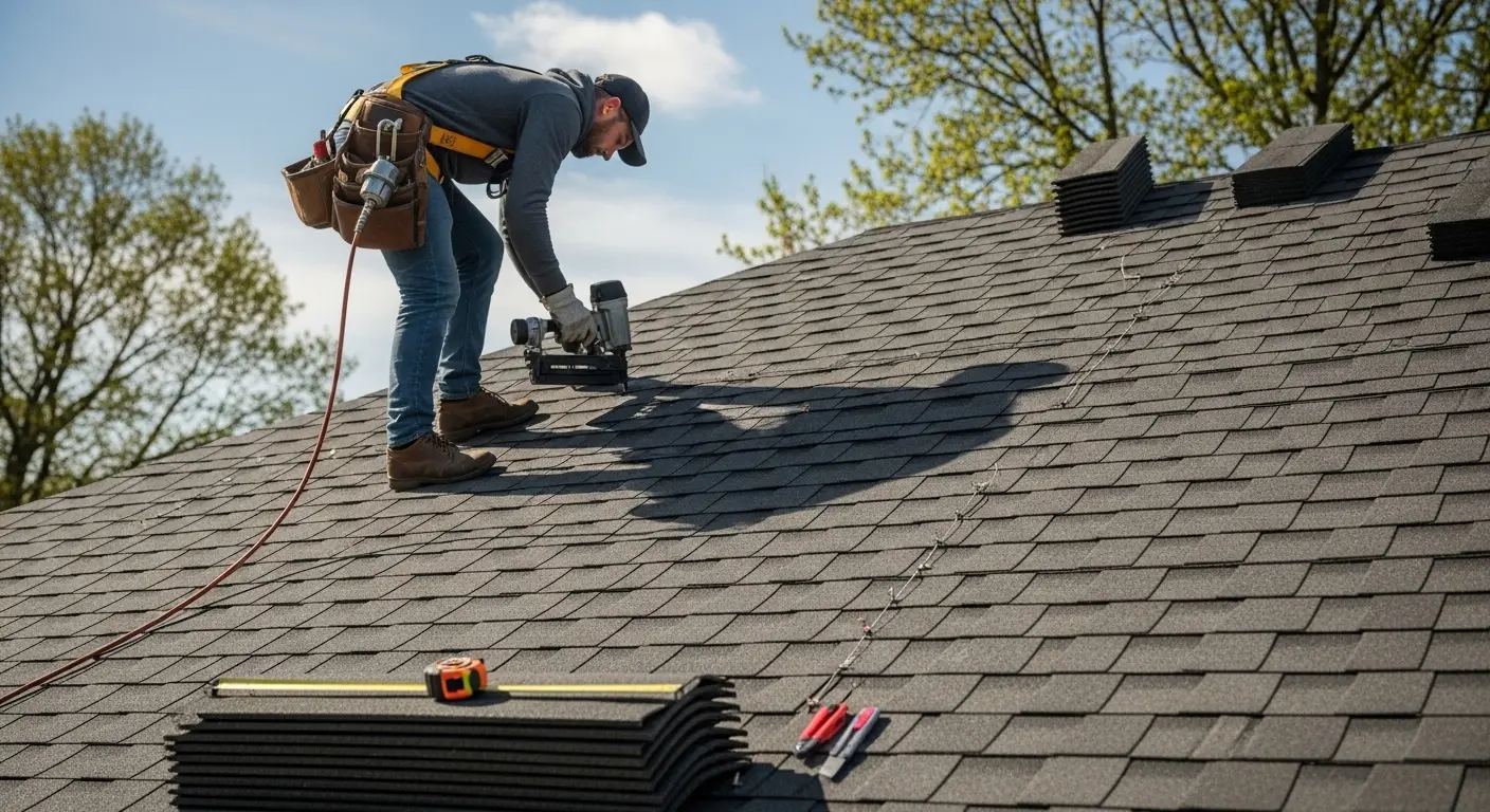 Roofer nailing architectural shingles over new underlayment on a South Florida home