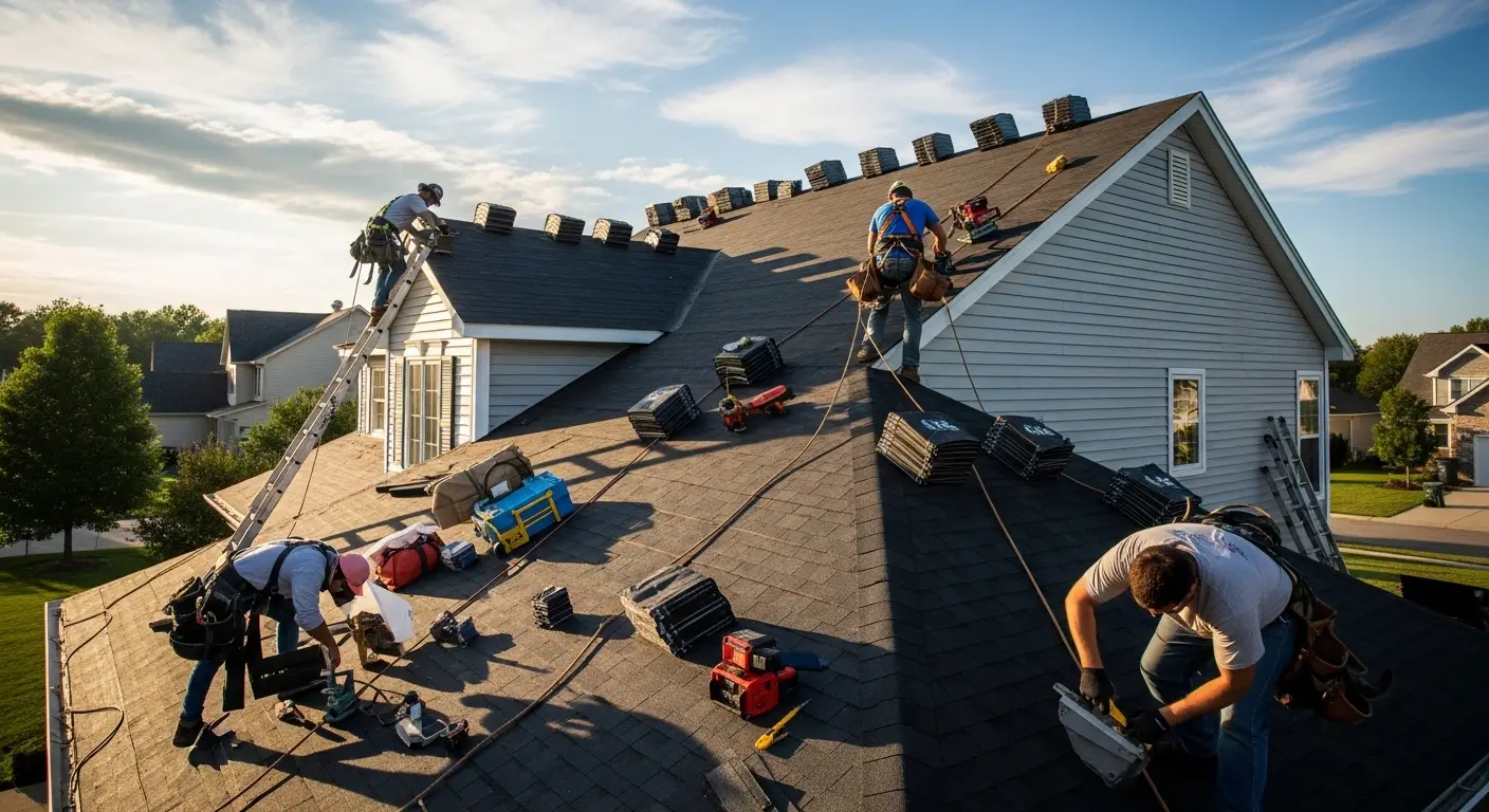 Roofing crew working across a South Florida roof deck during tear-off with debris protection in place