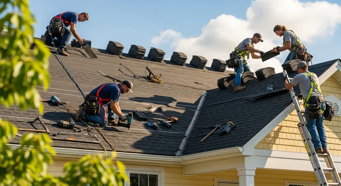 Roofing crew working on the roof of a yellow single-family home in South Florida
