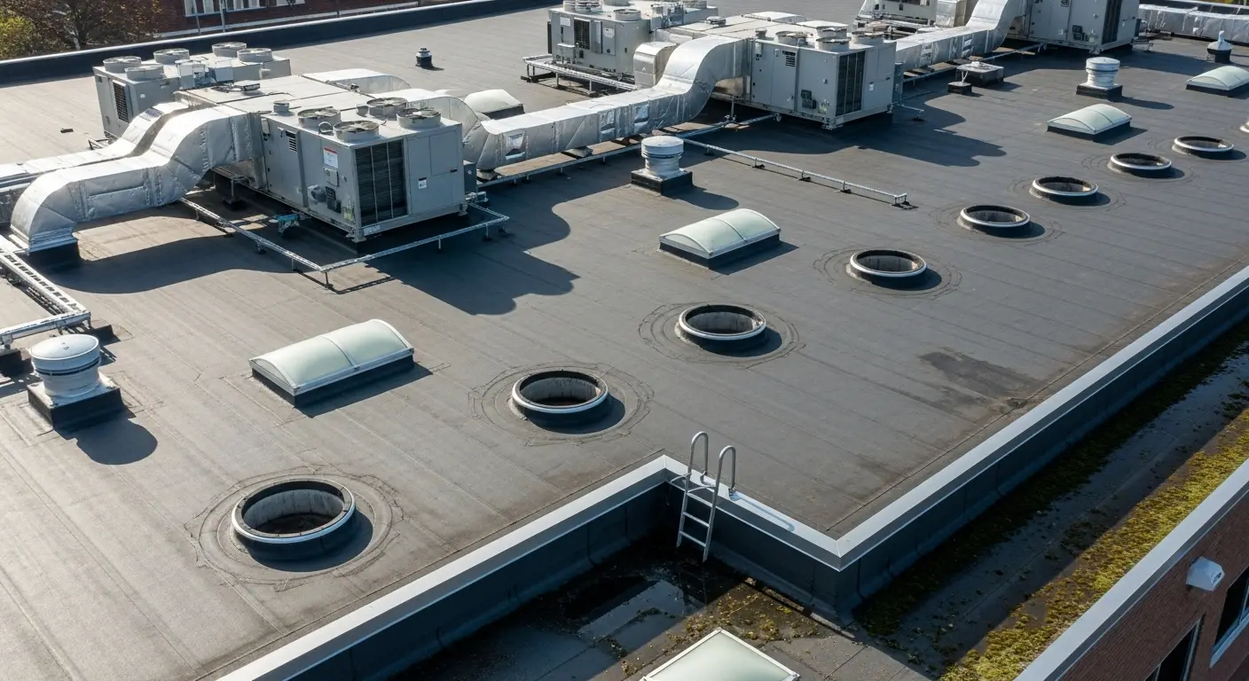 Low-slope commercial roof in South Florida covered in HVAC curbs and round skylights