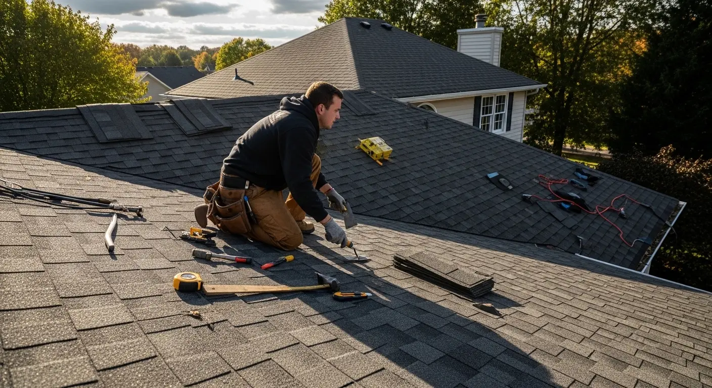 Roofing tools and tear-off debris on a South Florida roof deck during a replacement