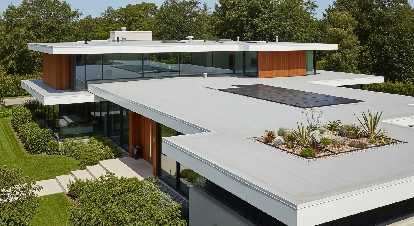 Contemporary South Florida home with a low-slope roof, deep overhangs and glass walls seen from above