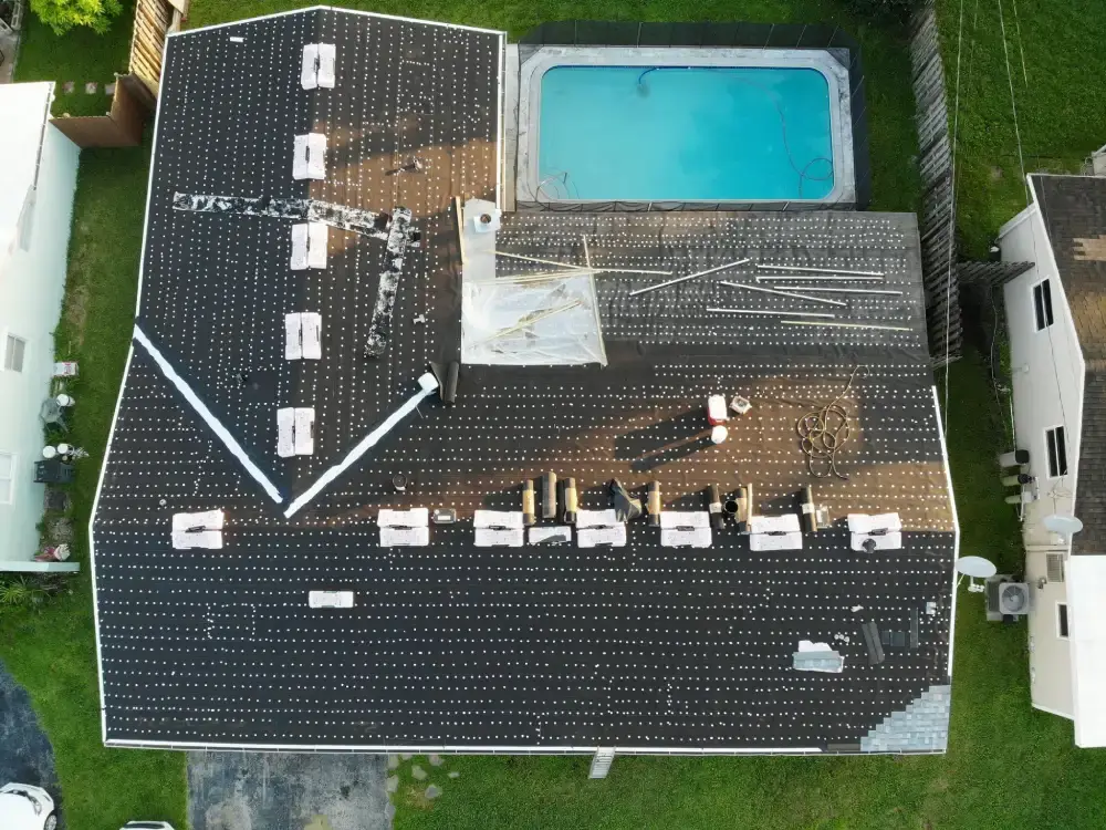 Aerial photo of a completed roof replacement on a South Florida home