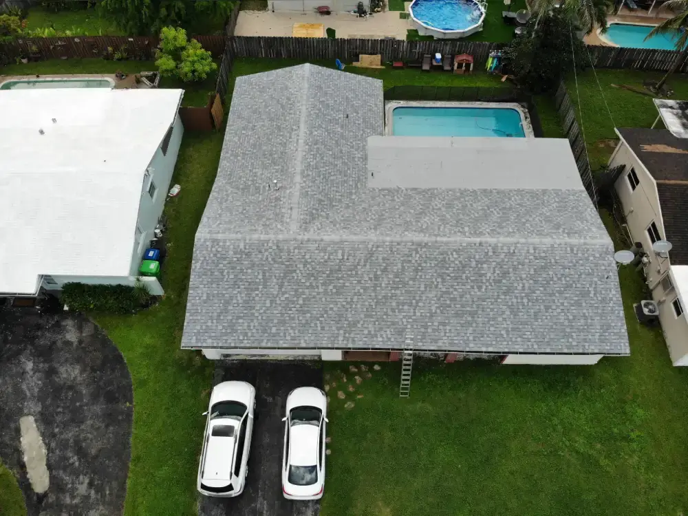 Completed roof replacement on a South Florida single-family home seen from above