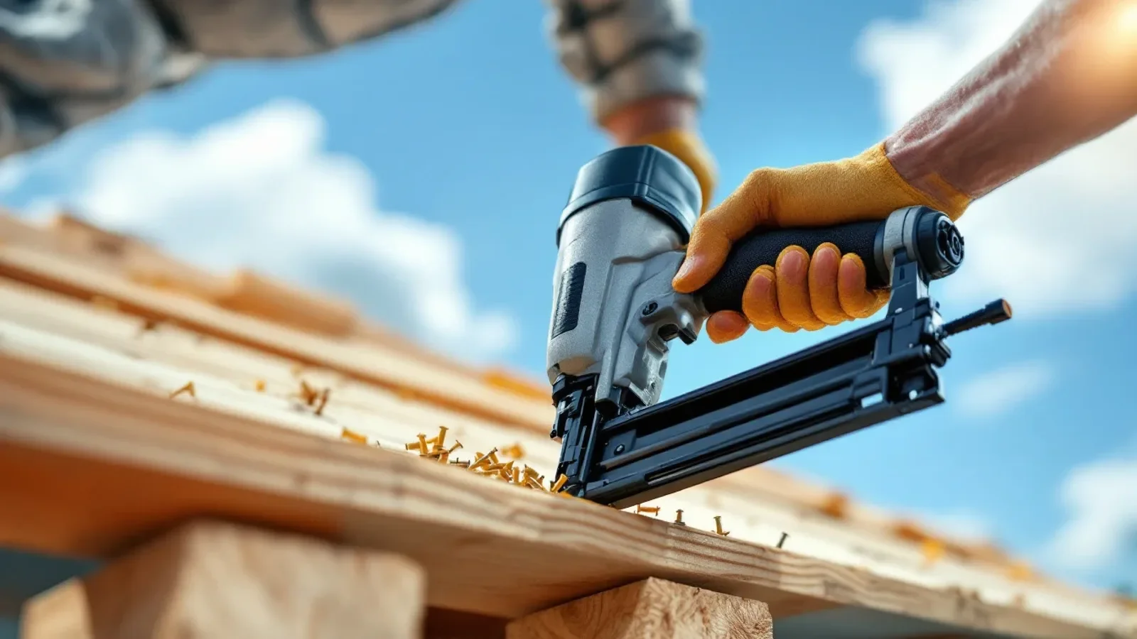 Worker using pneumatic nail gun on wooden roof framing under clear blue sky.