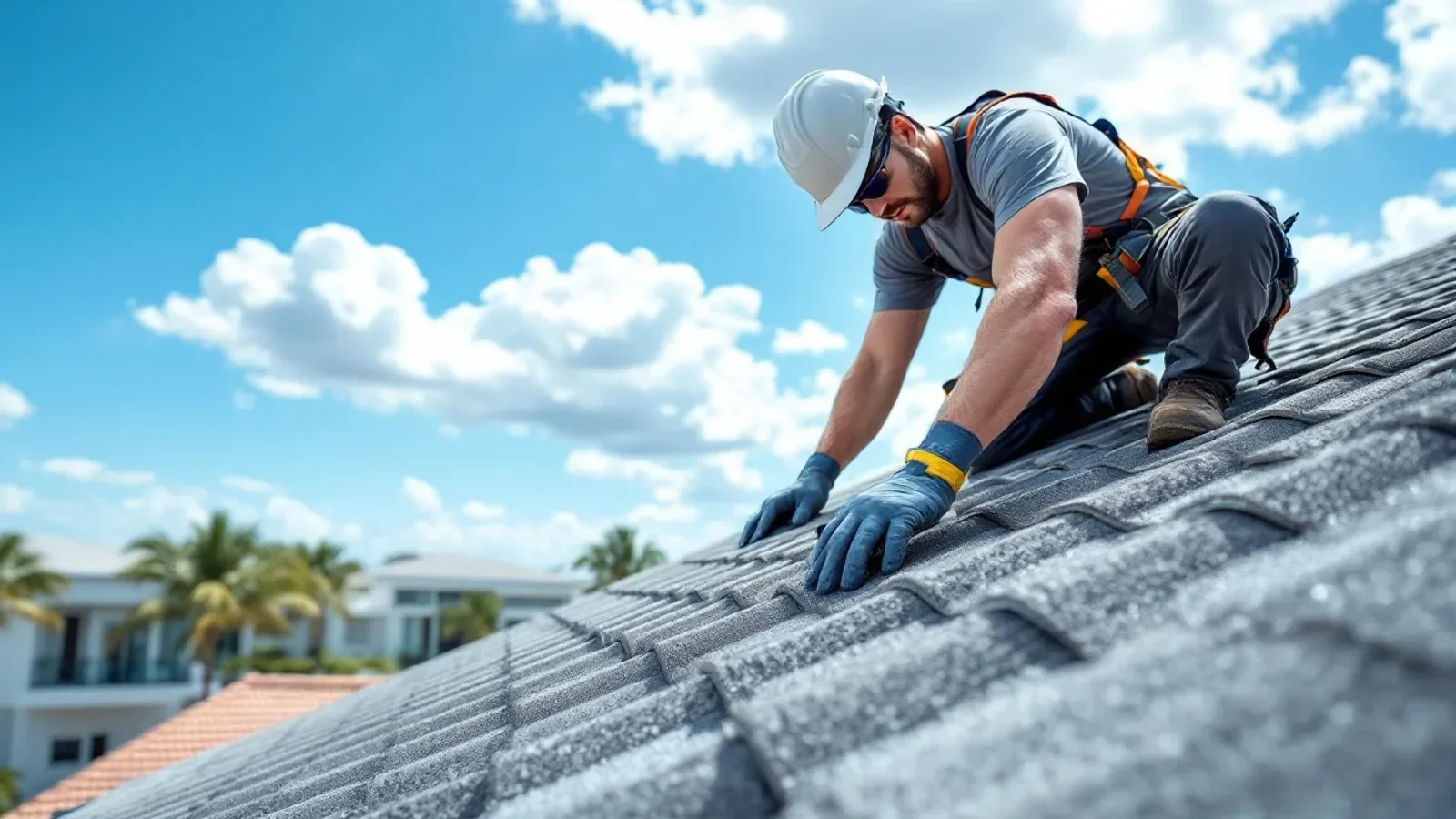 Roofer in safety gear inspecting asphalt shingles on residential roof under clear sky.
