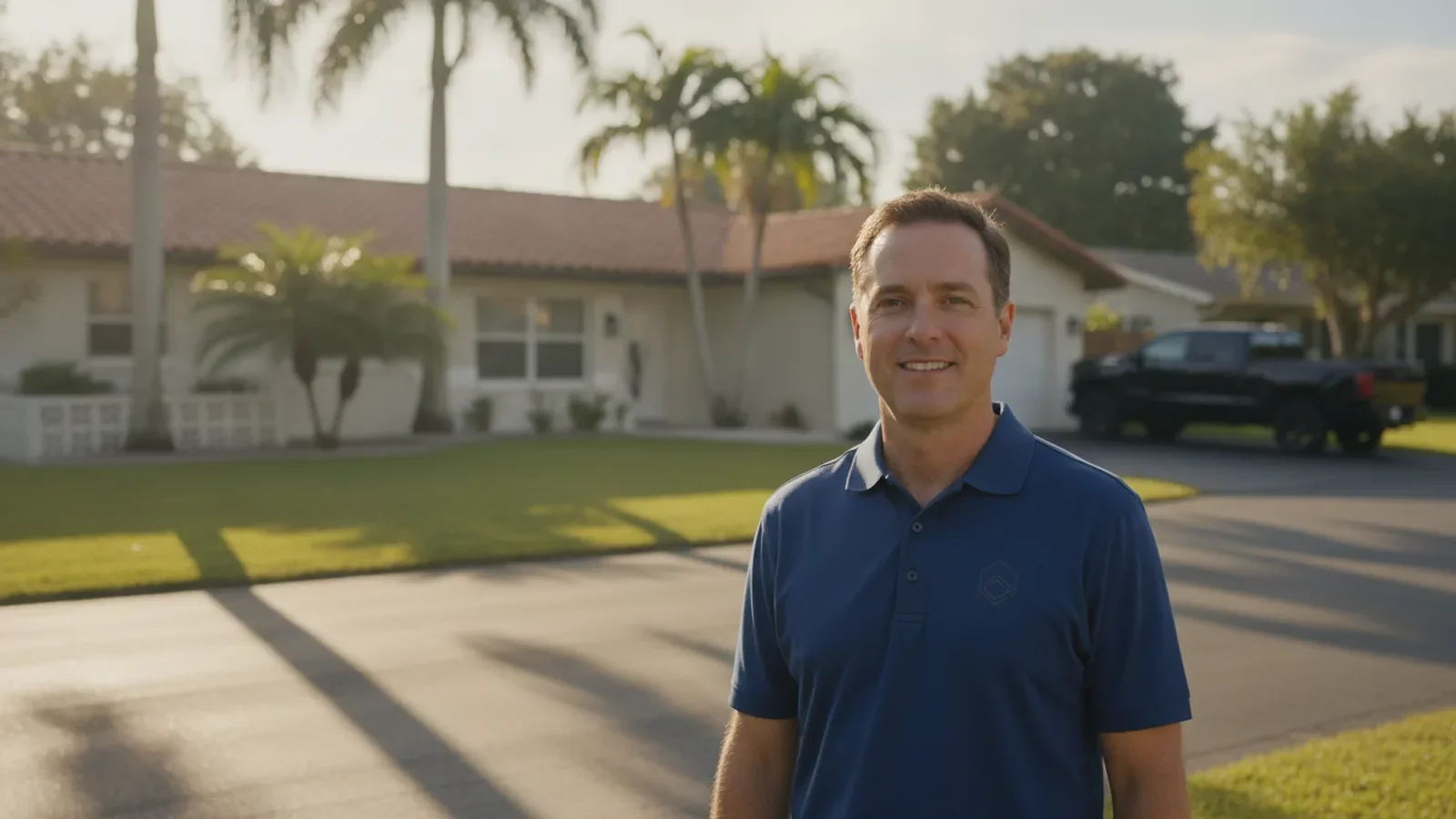 Man in blue polo shirt smiling in front of residential home with palm trees and driveway.