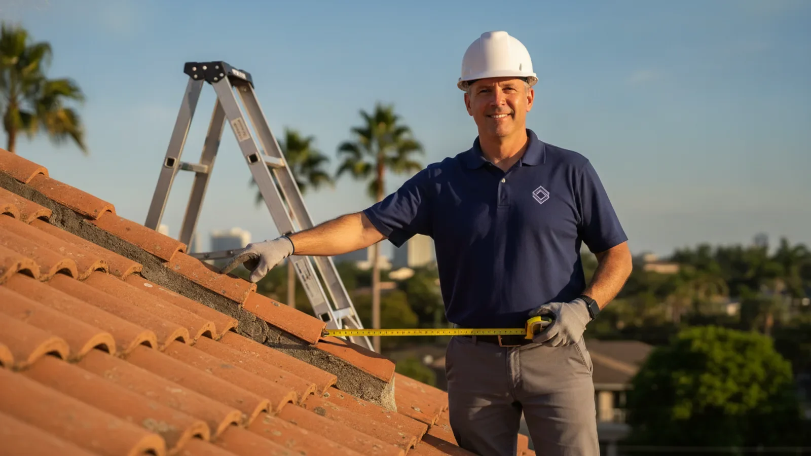 Professional roofer inspecting tile roof with ladder and measuring tape on sunny day.