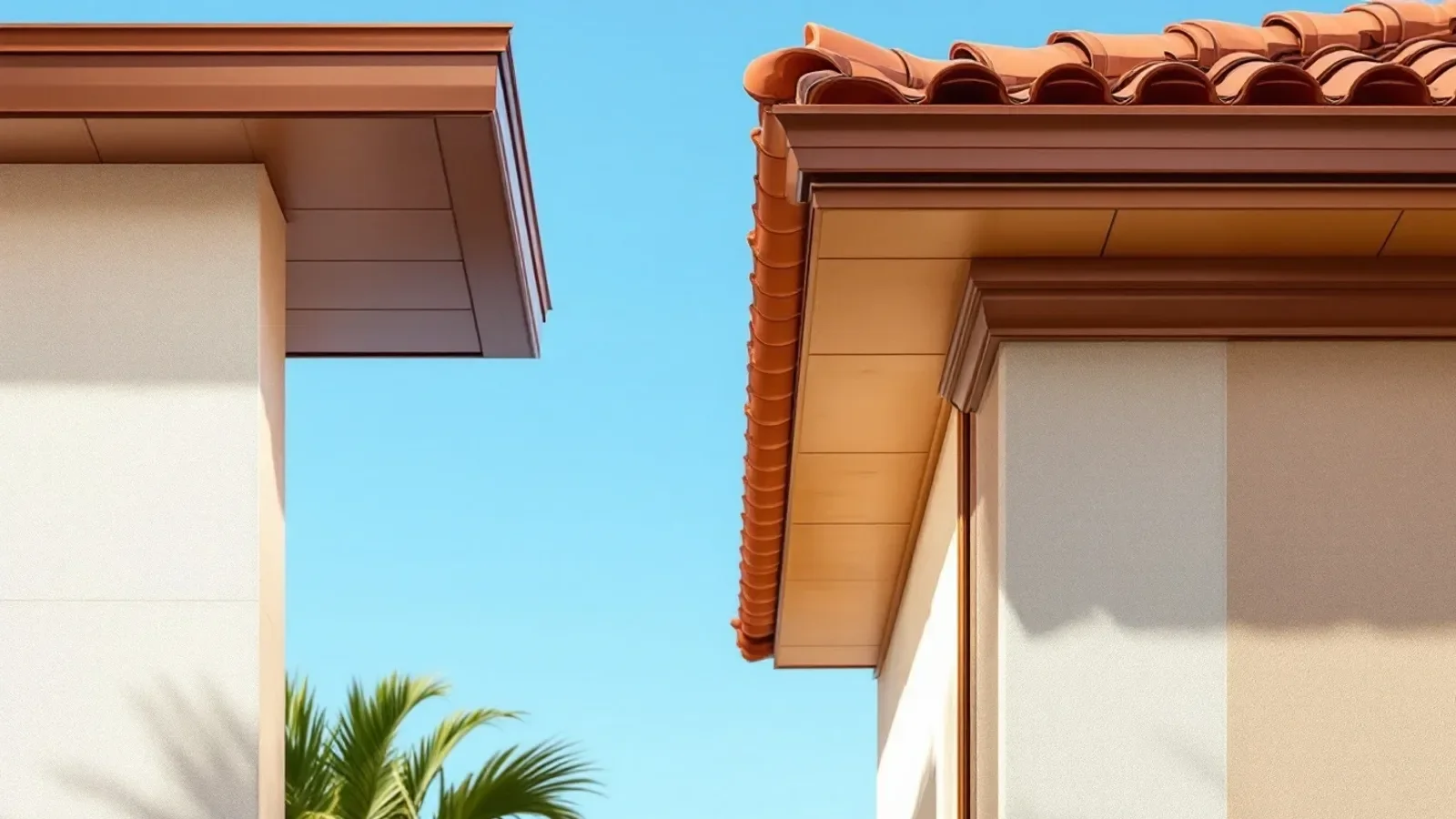 Modern residential roof eaves with terracotta tiles and clean architectural lines against clear sky.